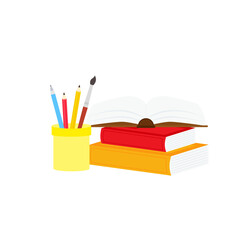 classroom school supplies stationery, pencil case, pen, pile of books, photorealistic literature,notebook, notebook textbook,school bag,Palettes and brushes in art,colored pencils. vector illustration