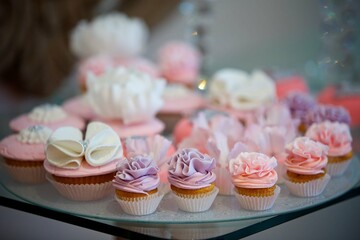 Beautiful and bright desserts on the festive table for the party.