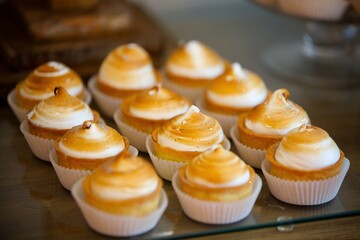 Beautiful and bright desserts on the festive table for the party.