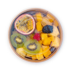 fruit salad in plastic box on white background - 527034014