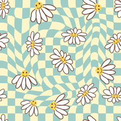 Retro Smile Chamomile Seamless Pattern on 1970 Wavy Swirl Seamless Pattern. Hippie Aesthetic.