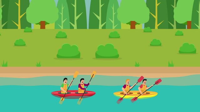 Group of young men canoeing near green forest