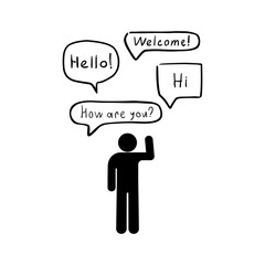 man hi, stick figure human silhouette, stickman icon says hello