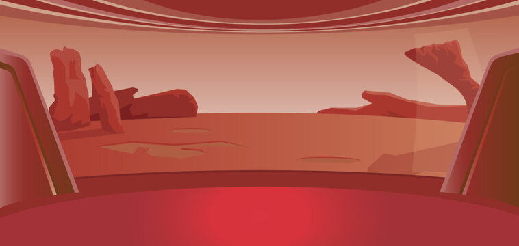 Interior of a spacecraft on Mars. Spacecraft interior vector background. View of the Martian surface in the window of the spaceship.