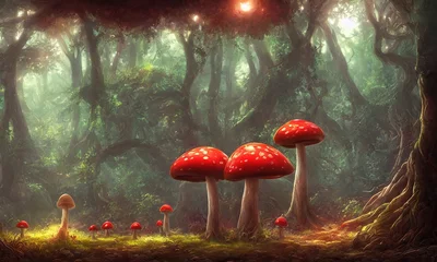 Foto op Aluminium Magic mushrooms fly agaric in the forest, a fabulous thicket of the forest. Glowing mushrooms fantasy moss. 3d illustration © Mars0hod