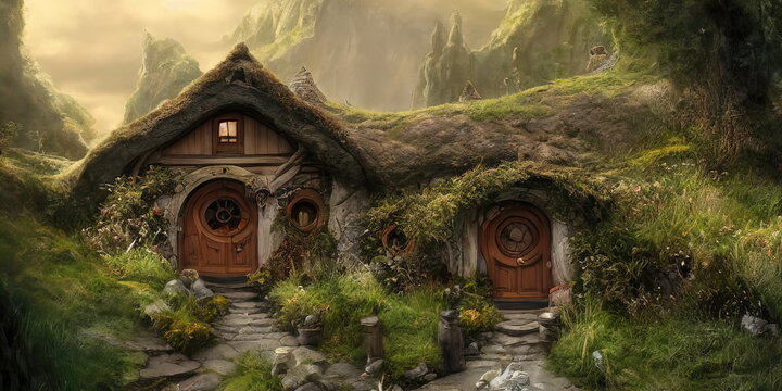 Hobbit village, houses with round doors and windows. Roofs of the houses are covered with grass. World of the Lord of the Rings. 3d illustration