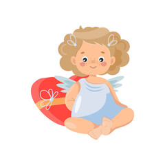 A cute curly-haired cupid girl (angel) is sitting with a box of heart-shaped candies
