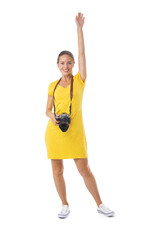 Girl with camera on white