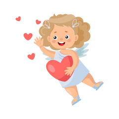 Vector illustration with a charming cupid girl with a big heart in her hands