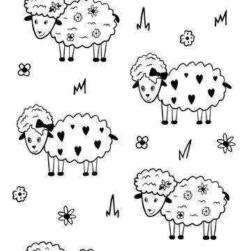 Cute sheep seamless pattern in doogle style