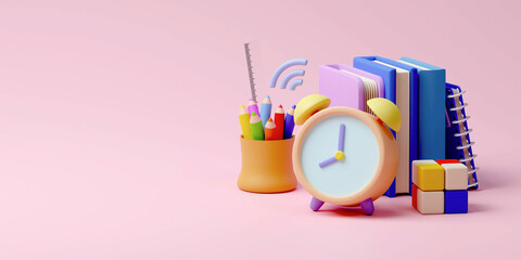 Back to school education background concept school accessories and clock alarm. 3D render illustration