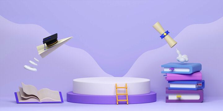 Back to school education background. Podium and school accessories theme. Marketing time banner template. 3D Rendering