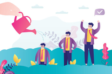 Gradual growth of office worker. Boss helps talented employee develop. Hand with watering can waters businessman