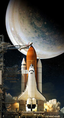 Space Shuttle takes off into space on jupiter background. Elements of this image furnished by NASA.