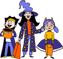 Cartoon funny Halloween kids with candys.