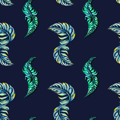 Fototapeta na wymiar Exotic floral ornate seamless pattern watercolor illustration on blue