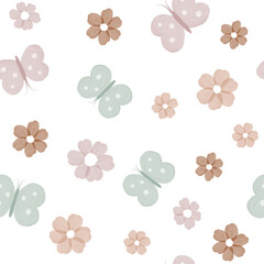 Watercolor Flowers and Butterflies Seamless Pattern, Cute Nursery Pattern