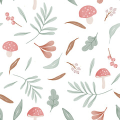 Fall Watercolor Seamless Pattern, Mushroom and Leaves Autumn Pattern