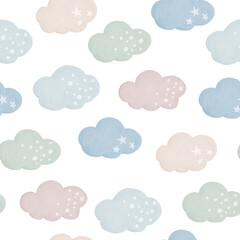 Cute Clouds Baby Watercolor Seamless Pattern