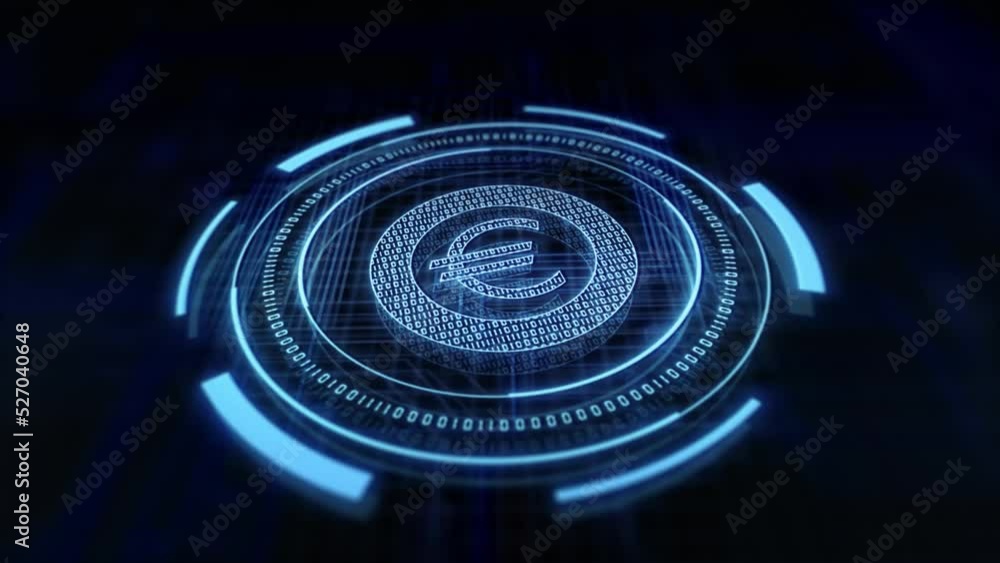 Poster blue euro currency symbol centered on a starscape background with hud elements. seamlessly loopable 