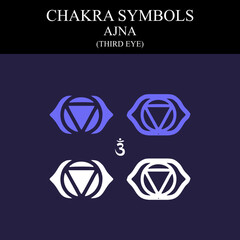 Ajna chakra symbols set on dark background, different styles, modern, simple geometric icons