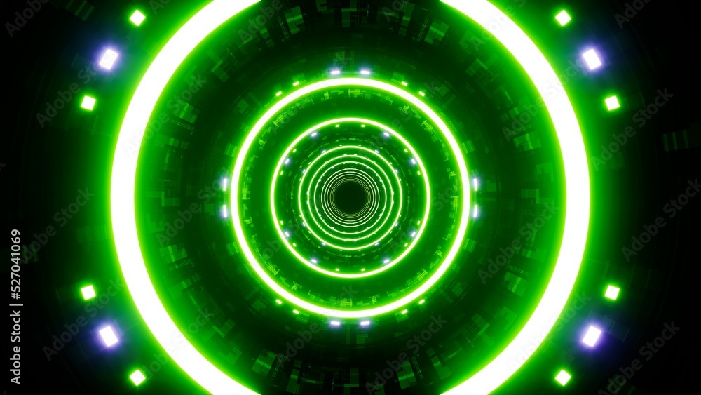 Poster glowing green light in the cyber pattern tunnel background