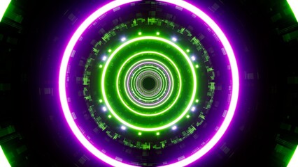 Shining Green and Purple Color Light in the Sci Fi Tunnel