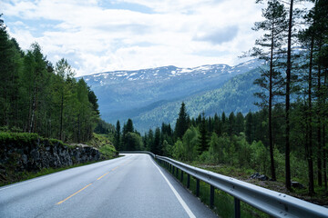 Fototapeta premium Landscape of a winding road through a forest with snow-capped mountains in the background.