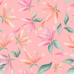 Magnolia flowers and leaves on pink background watercolor painting, seamless repeat pattern