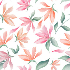 Fototapeta premium Magnolia flowers and leaves on white background watercolor painting, seamless repeat pattern