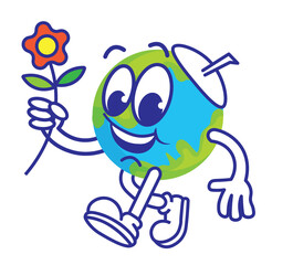 Vintage cartoon planet earth mascot in a hat walking with a flower in its hand. Ecology, world peace and earth day concept