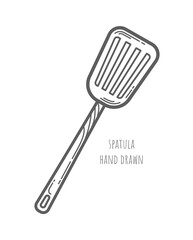 Hand drawn vector spatula. Outline illustration. Linear cookware icon. Decorative art element for menu design, advertising layouts. Cooking. Recipe. Stirring food. Wooden kitchenware. Household store.