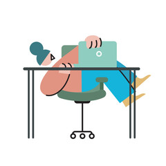 A girl or woman is sitting at a desktop or laptop. Lying on a chair or armchair in front of the computer. Remote work, IT, developer, designer, freelance. Vector illustration.