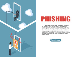 Phishing by email. hacker attacks a smartphone by message. fraud scam and steal private data on devices. vector illustration isometric flat design for the template. cyber security awareness concept.