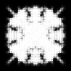 Dotted background from a transparent polka dot halftone mandala.  A gauzy vector stencil contour of dots, strokes, spots. Perforated outline. - obrazy, fototapety, plakaty
