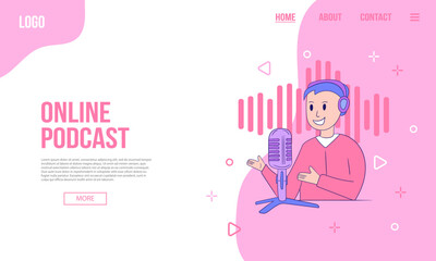 Podcast or audio content web banner or landing page template. Flat vector illustration of podcaster with microphone. Abstract shapes, pink background