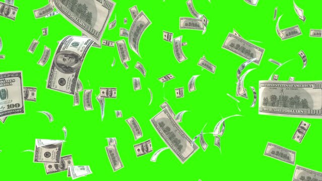 dollars bills falling down in 3D animation video on green screen ready to chroma key