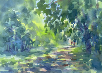Forest path sunlight shadow watercolor background. Summer illustration