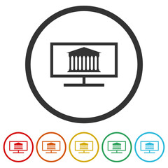 Bank building on computer display icon. Set icons in color circle buttons