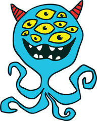 Funny cartoon smiling  monster character. Illustration of cute and happy mythical alien creature. Halloween design