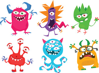 Cute cartoon Monsters. Set of cartoon monsters: goblin or troll, cyclops, ghost,  monsters and aliens. Halloween illustrations. Vector
