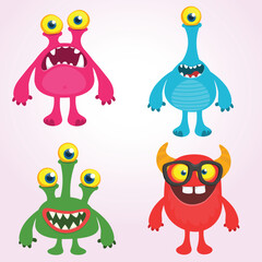 Cute cartoon Monsters. Set of cartoon monsters: goblin or troll, cyclops, ghost,  monsters and aliens. Halloween illustrations. Vector