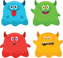 Cute cartoon Monsters. Set of cartoon monsters: goblin or troll, cyclops, ghost,  monsters and aliens. Halloween illustrations. Vector