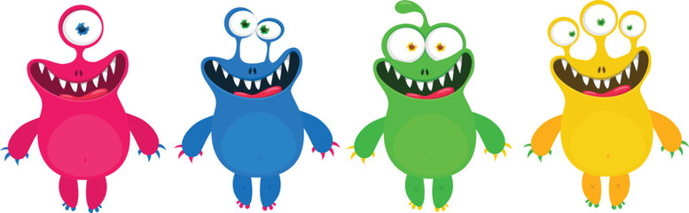 Cute cartoon Monsters. Set of cartoon monsters: goblin or troll, cyclops, ghost,  monsters and aliens. Halloween illustrations. Vector