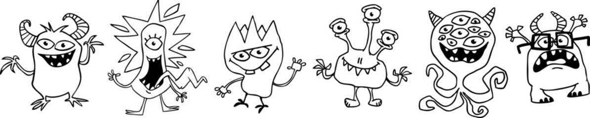 Cute cartoon Monsters. Set of cartoon monsters: goblin or troll, cyclops, ghost,  monsters and aliens. Halloween illustrations. Vector © drawkman