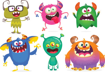 Funny cartoon monsters. Set of cartoon vector scary colorful monsters. Halloween design for decoration, stickers or cutout yard art sign.