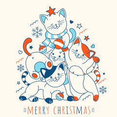 Fun Christmas tree concept with greeting slogan:" Merry Christmas". Doodle Draw funny vector cats. Cute korean cartoon style. Line art print for sleepwear or for decoration