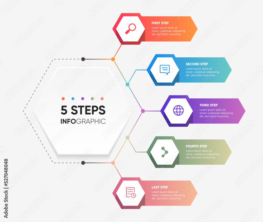 Wall mural 5 steps infographic with hexagonal shape design. modern and colorful presentation infographic hexago