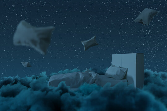 3D rendering of cozy bed over fluffy clouds at night