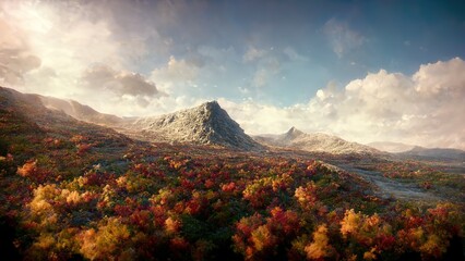 Fototapeta premium Idyllic landscape mountain in autumn with forest, 3d illustration.